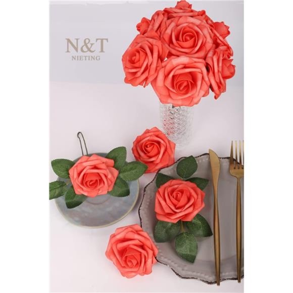 Artificial Fall Wedding Flowers 25pcs Coral Mother's Day Fake Roses w/Stem DIY - Picture 6 of 7